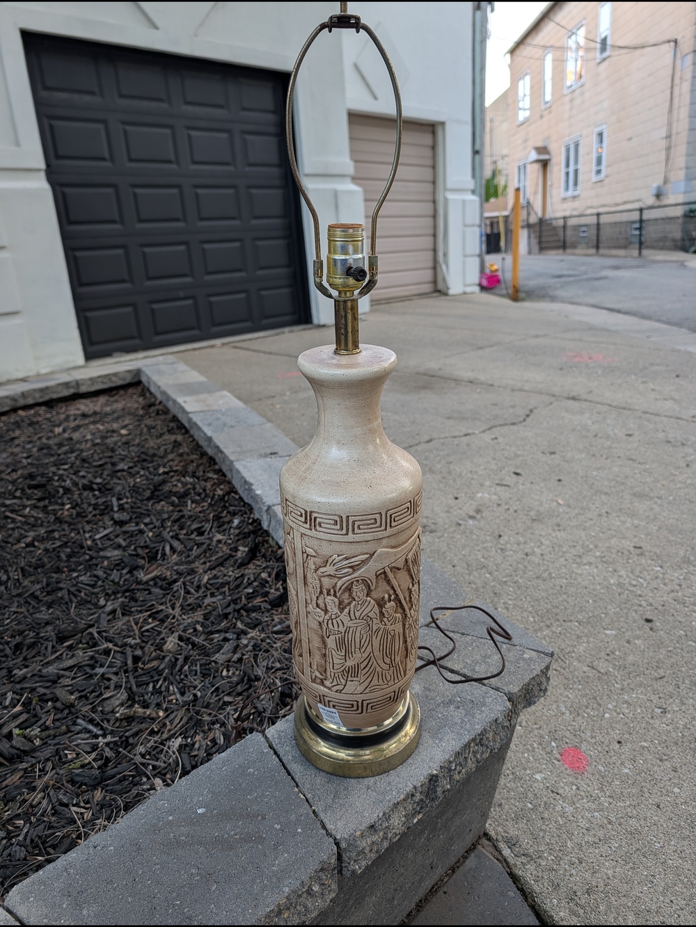 Ceramic Carved Table Lamp in Beige and Brass